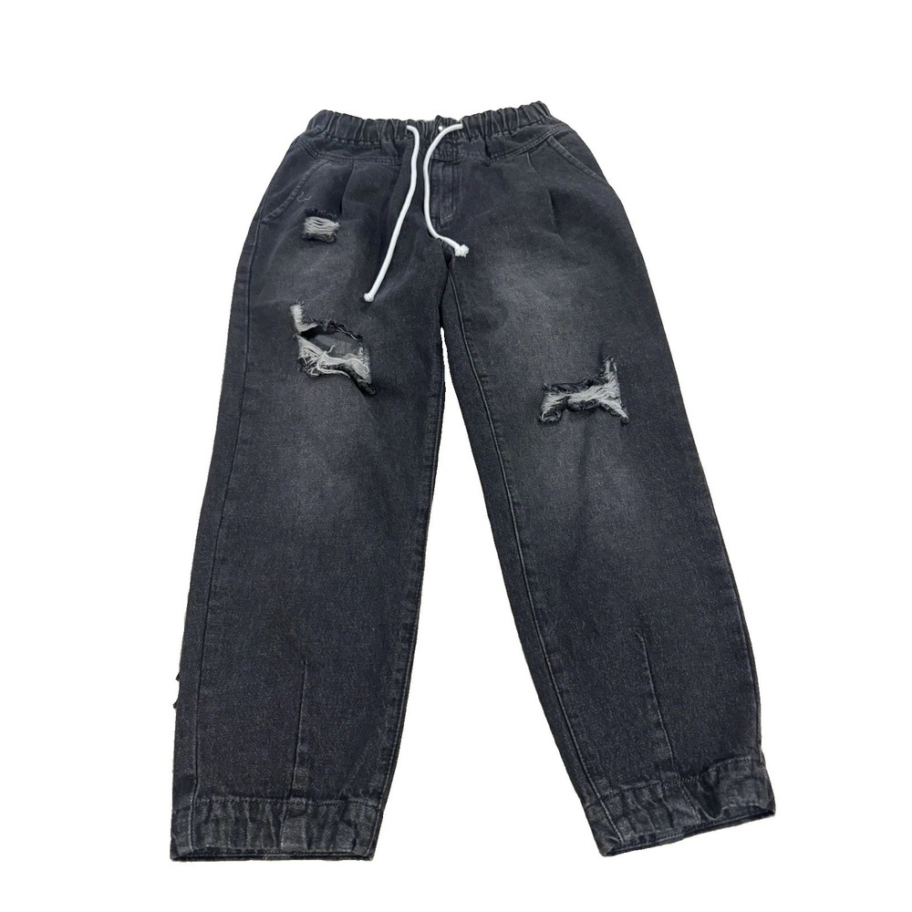 Listicle Distressed Black Denim Joggers Size S Elastic Drawstring Cropped